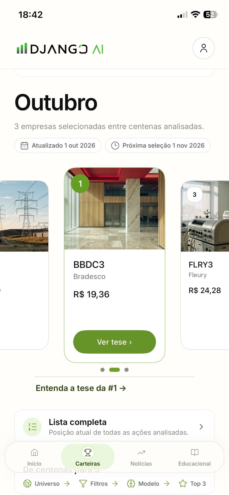 Django AI, Top Ações de outubro: 3 empresas selecionadas entre centenas analisadas, com tese de cada uma e lista completa.